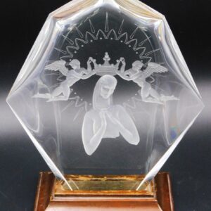 Donald Pollard Steuben Crystal Sculpture "Sancta Virgo" Intaglio Cut with Winged Angels and Madonna
