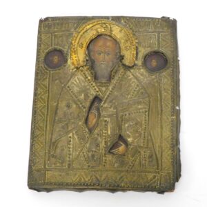 17th Century Eastern Orthodox Icon of St. Nicholas on Wooden Panel with Embossed Brass Front.
