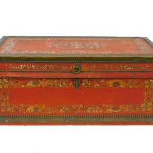 19th Century Chinese Painted Leather-Bound Camphor Chest with Floral Decoration by Unknown Artist